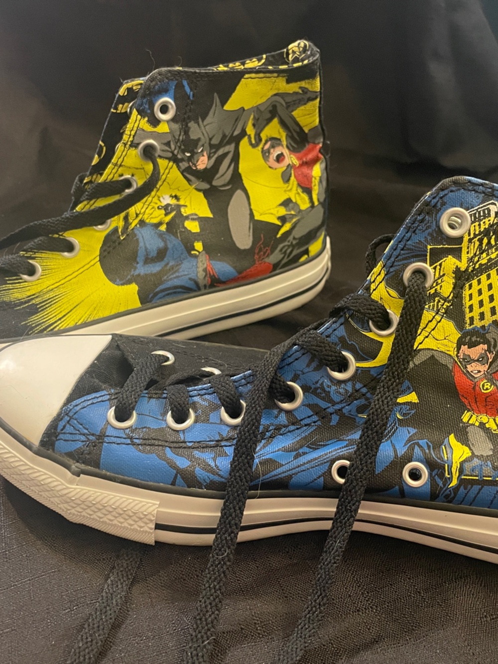 Converse High Top Sneakers in Black, Yellow, Blue with Batman Graphic
